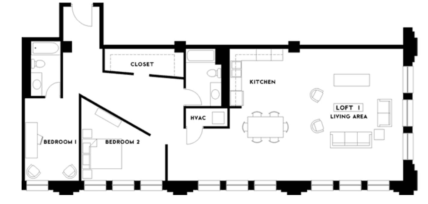 Phoenix Loft I The Phoenix Building Lofts in Birmingham, Alabama 35203 two bedroom two bathroom apartment floor plan